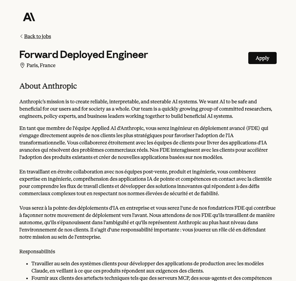 Capture réelle de la fiche de poste Anthropic : le FDE travaille avec les clients, livre des applications d’IA de production et accélère l’adoption.