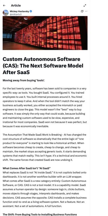 Capture de l’article public publié sur X par Mickey Haslavsky, intitulé Custom Autonomous Software: The Next Software Model After SaaS.