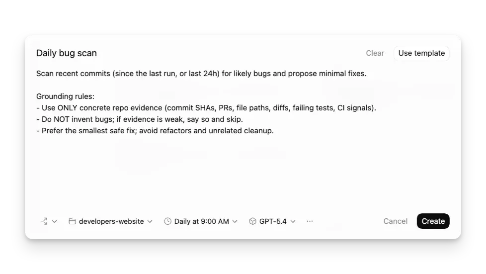 Réglages d'une tâche planifiée dans l'application desktop ChatGPT.