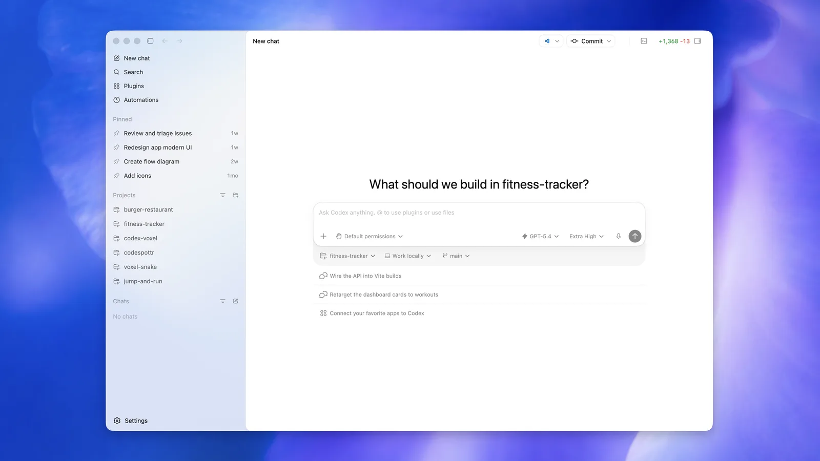 Espace Codex de l'application desktop ChatGPT ouvert sur un projet local.