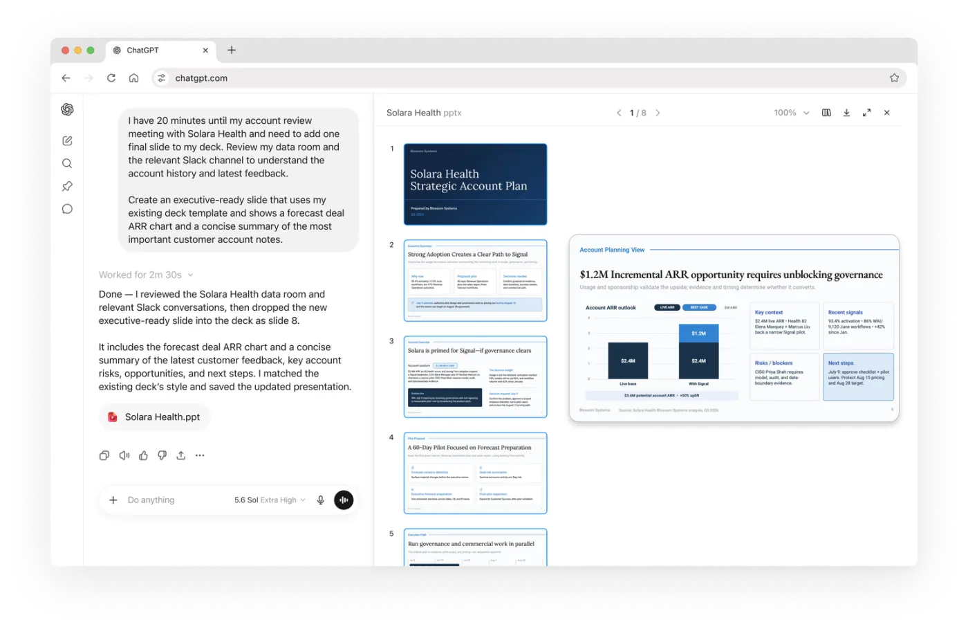 ChatGPT Work produisant une présentation depuis plusieurs sources.