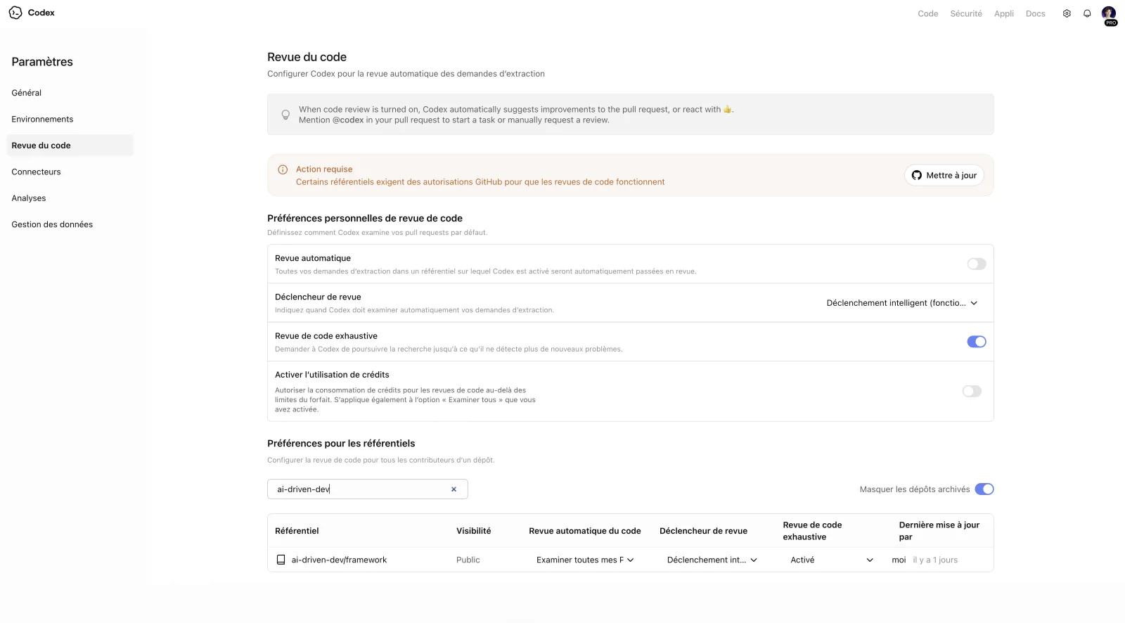 Paramètres de revue de code Codex pour une pull request GitHub.