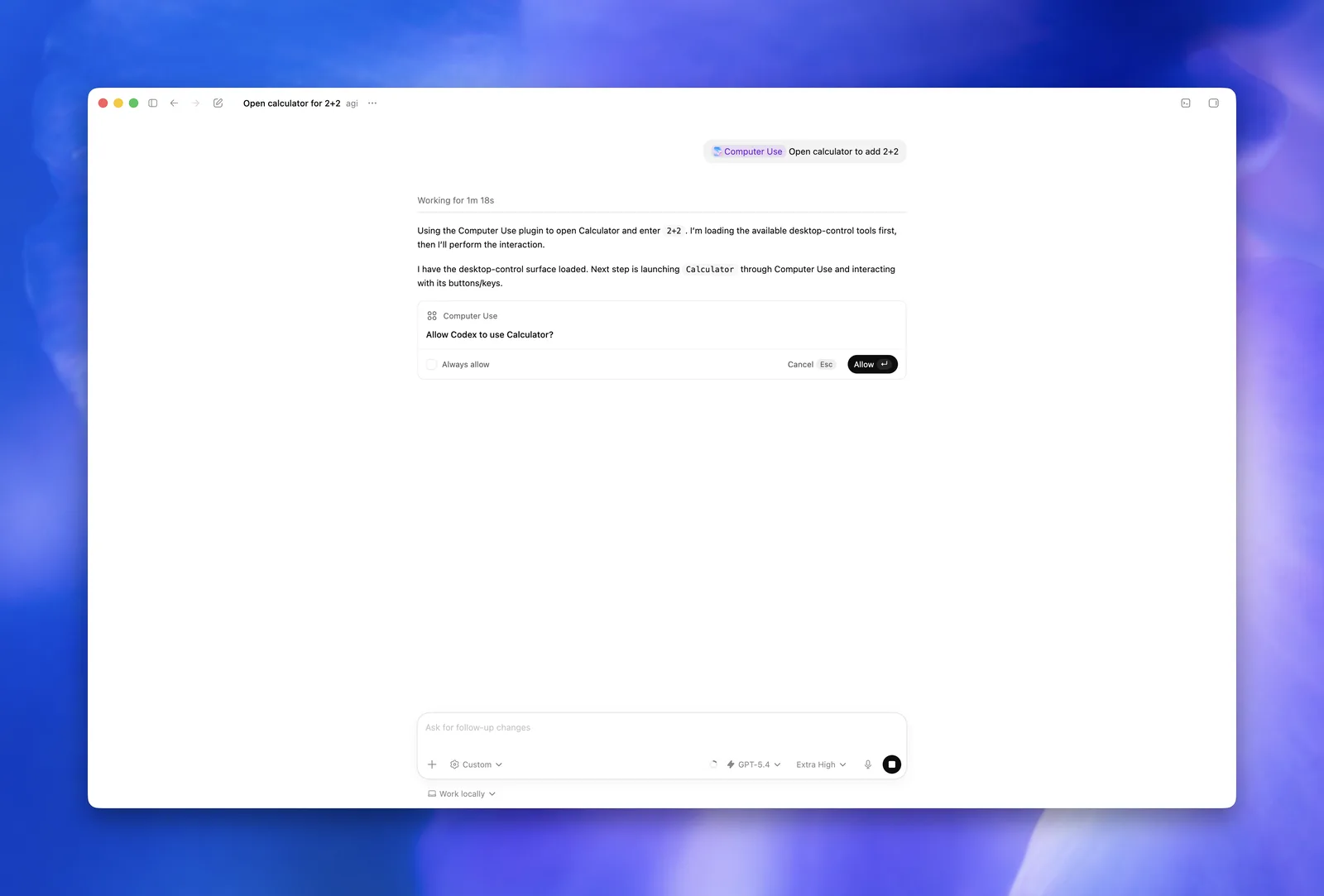 ChatGPT demandant l'autorisation d'utiliser Calculator avec Computer Use.