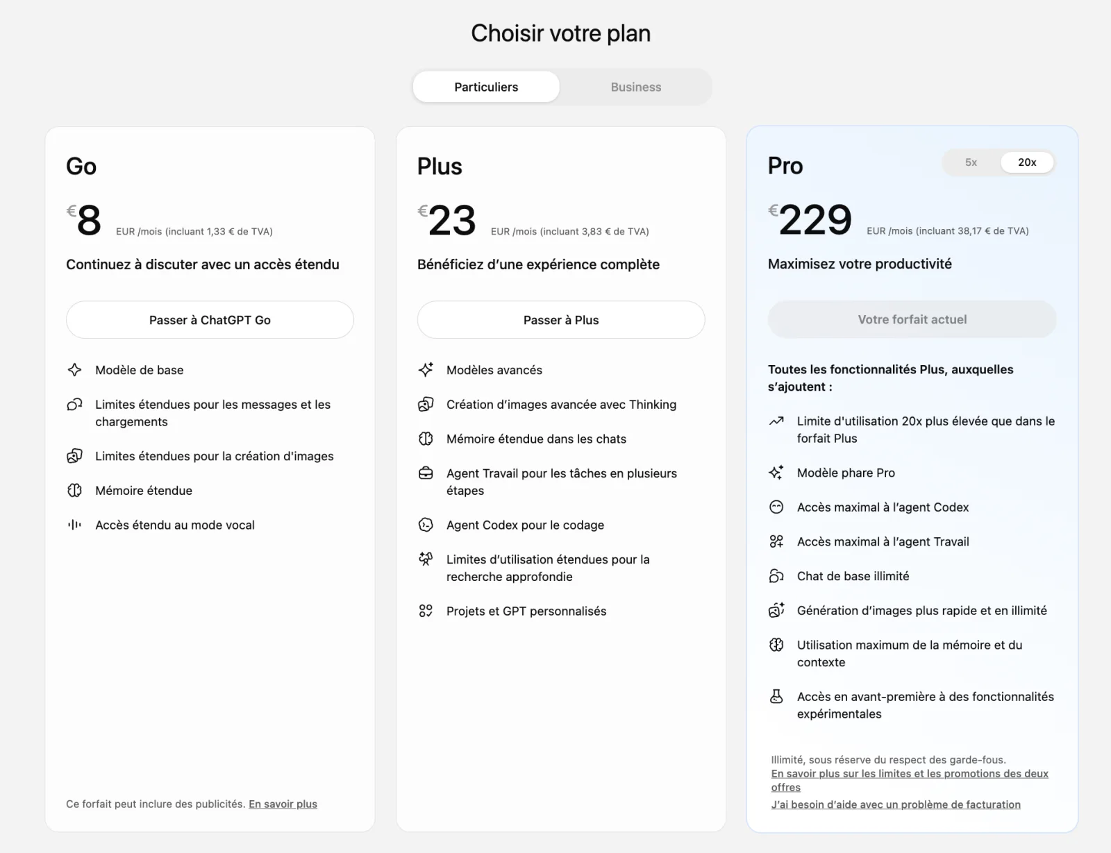 Écran français des forfaits ChatGPT montrant Pro 20× à 229 euros TTC par mois.