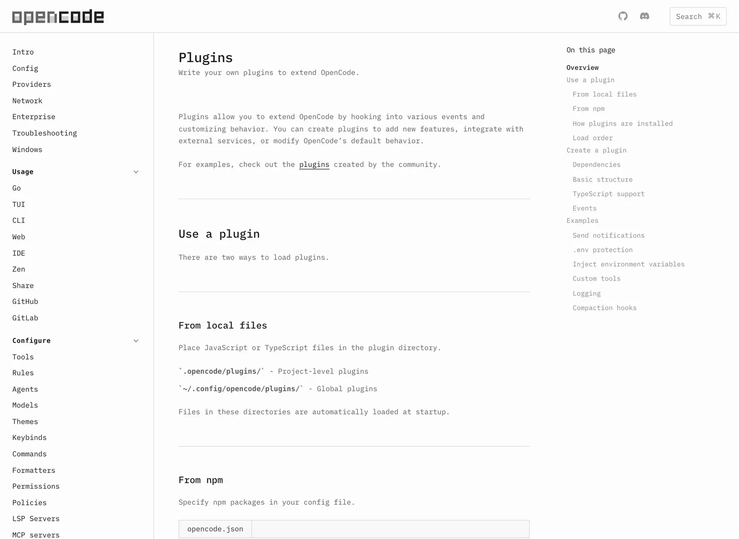 Capture OpenCode montrant les extensions et plugins.
