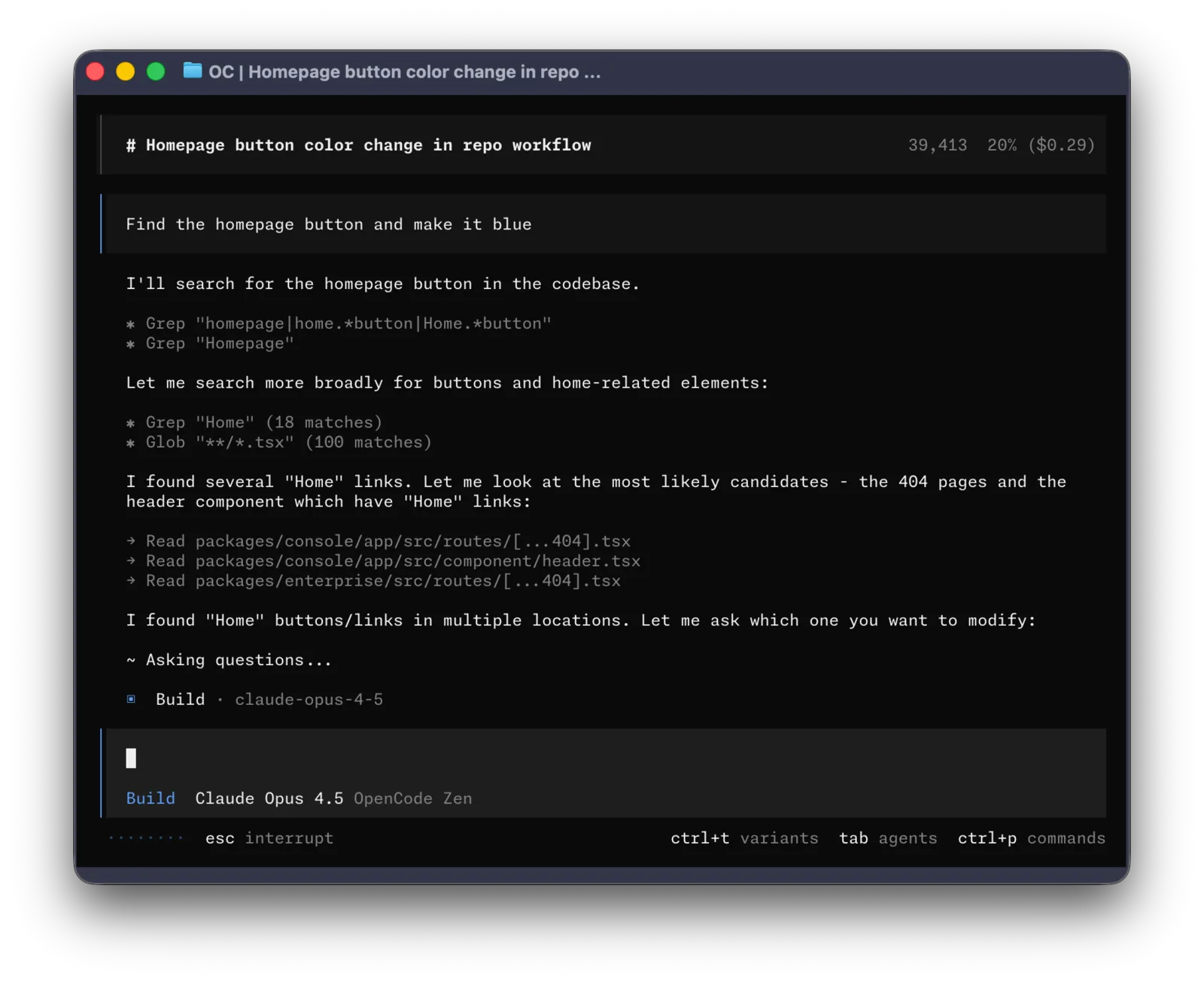 Interface terminal OpenCode avec une session de développement et les outils connectés.